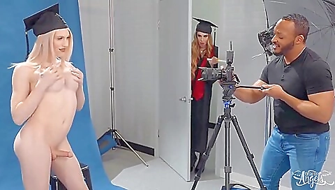 Blonde with a sexy mouth rams her ass in an interracial video