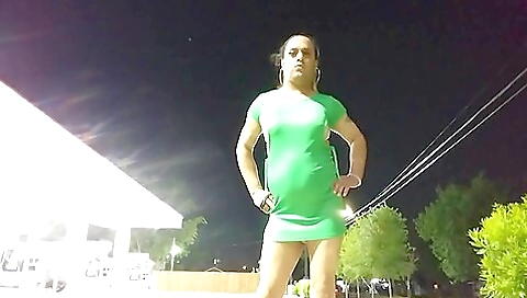 Brunette transvestite shows off her ass in the public