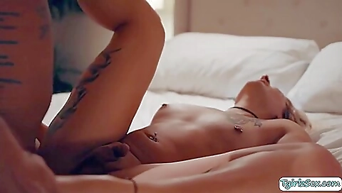 Blonde shemale gets fucked in the ass with her stepbro