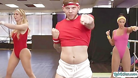 Hot babes in sexy black yoga pants and dildo riding