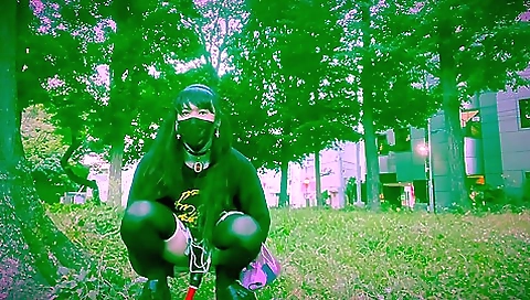 Busty brunette transsexual with a shaved pussy wears stockings